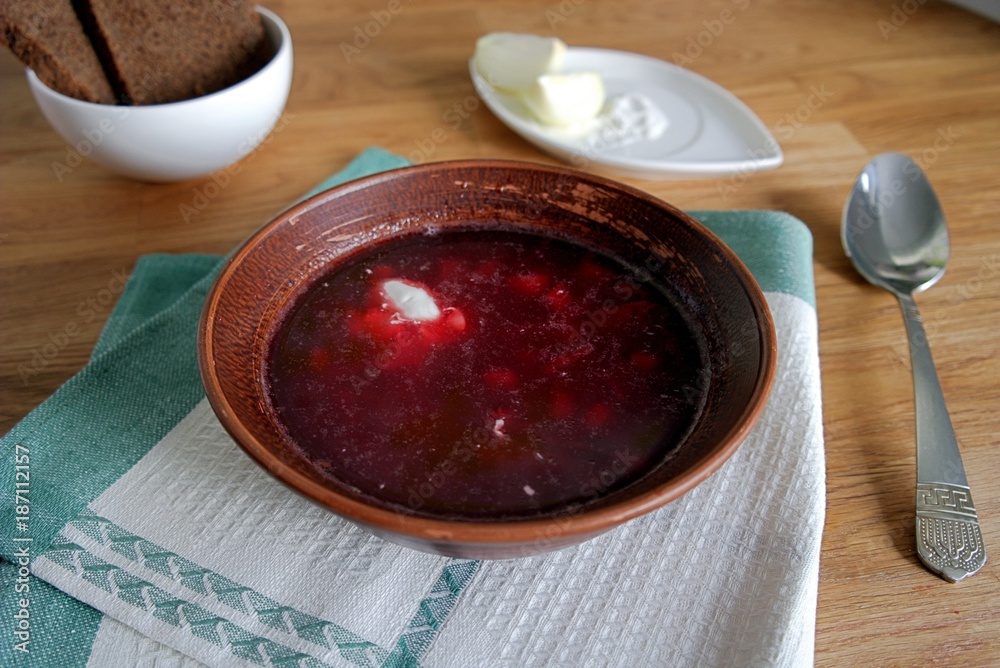 Popular Belarusian and Ukrainian soup with cabbage, beets, potatoes and carrots Popular Belarusian and Ukrainian soup with cabbage, beets, potatoes and carrots
