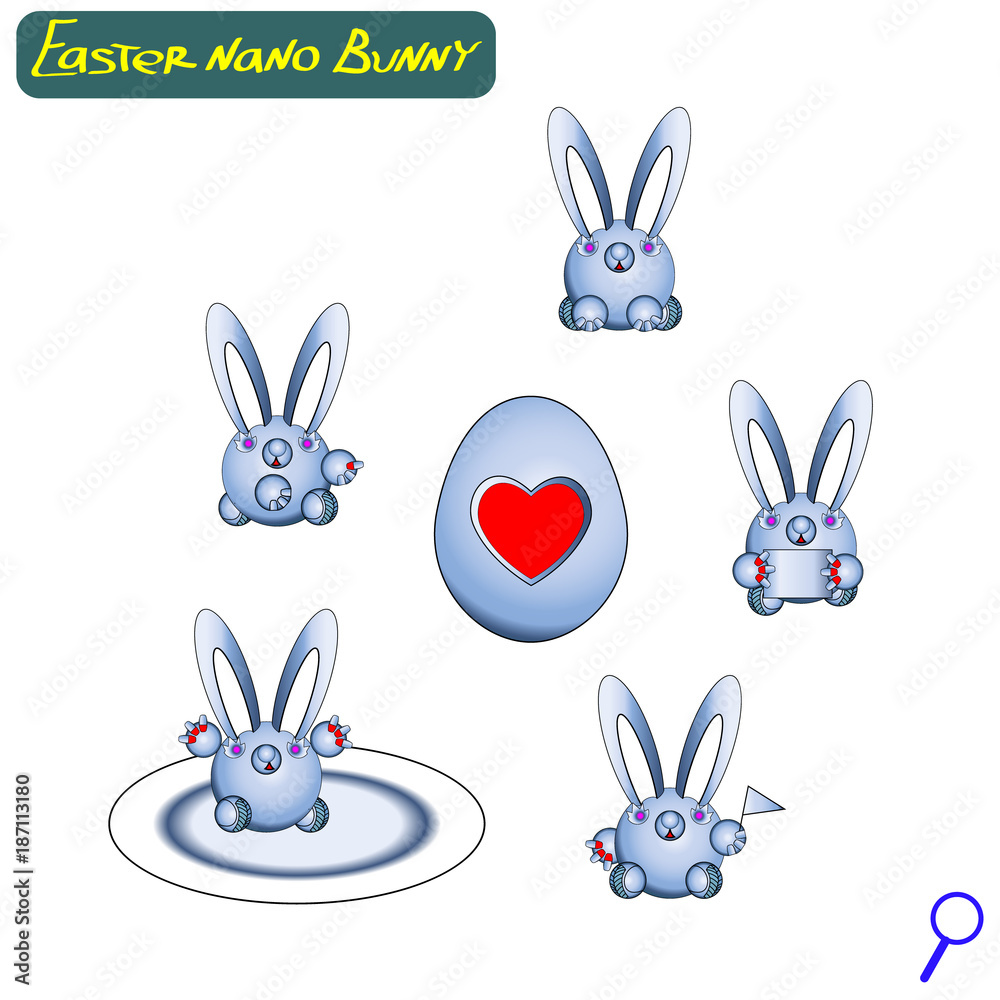 Vector Easter. Cute nano rabbits robotic assistants. Iron egg with a heart. A set of hares robots