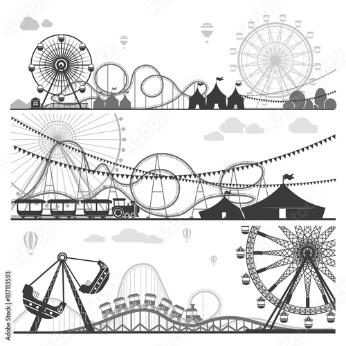 Amusement parks with funny attractions monochrome illustrations set