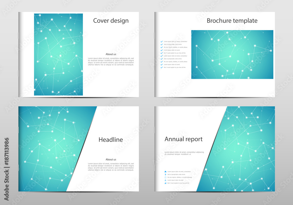 Rectangle brochure template layout, cover, annual report, magazine in A4 size with molecule dna structure. Geometric abstract background. Vector illustration.