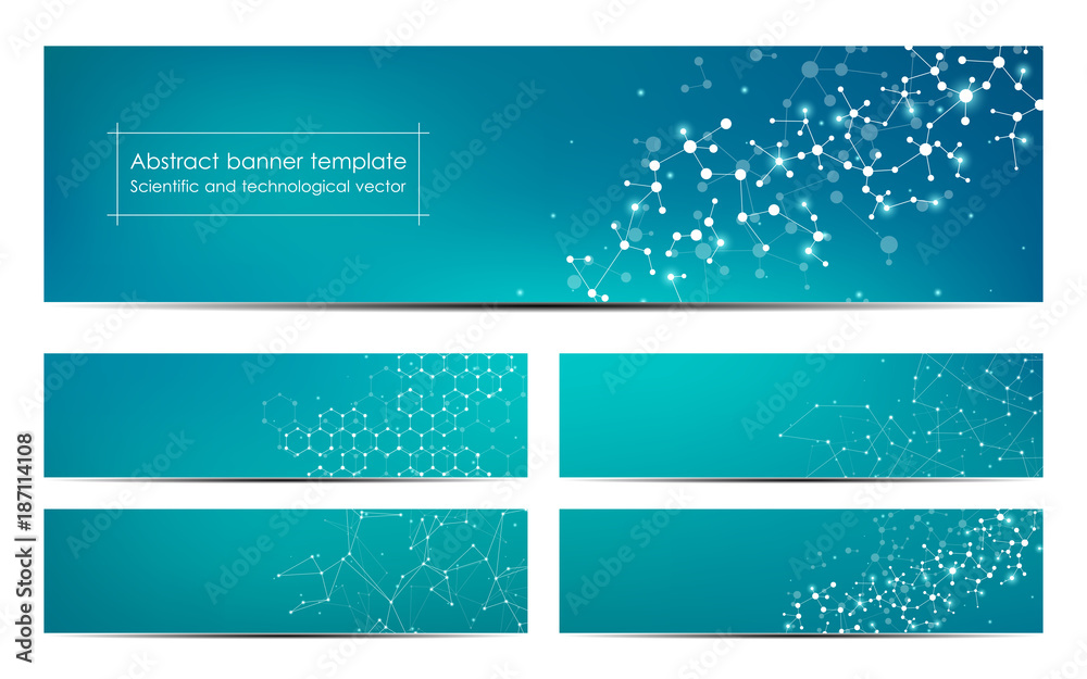 Set of abstract banner design, dna molecule structure background. Geometric graphics and connected lines with dots. Scientific and technological concept, vector illustration.