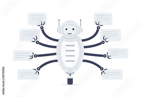 Chat bot with bubbles of speech in hands. Robot android on white background. Online Assistant