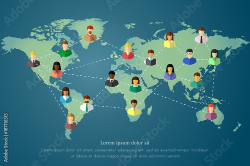 Diverse people and world map of the Earth concept. Dotted line as world wide connection, networking and communication symbol.
