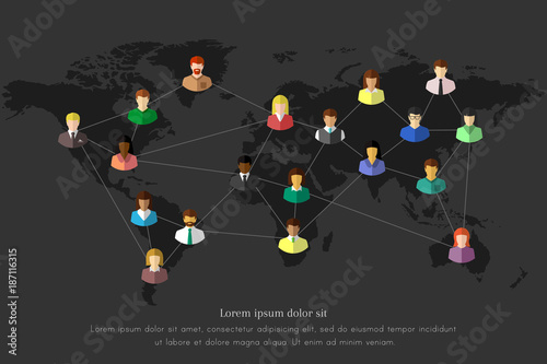 People and network concept with lines connecting them together on a dark world map