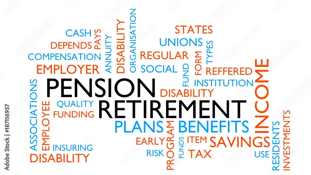Fototapeta premium Pension, retirement word tag cloud. 3D rendering, white variant.
