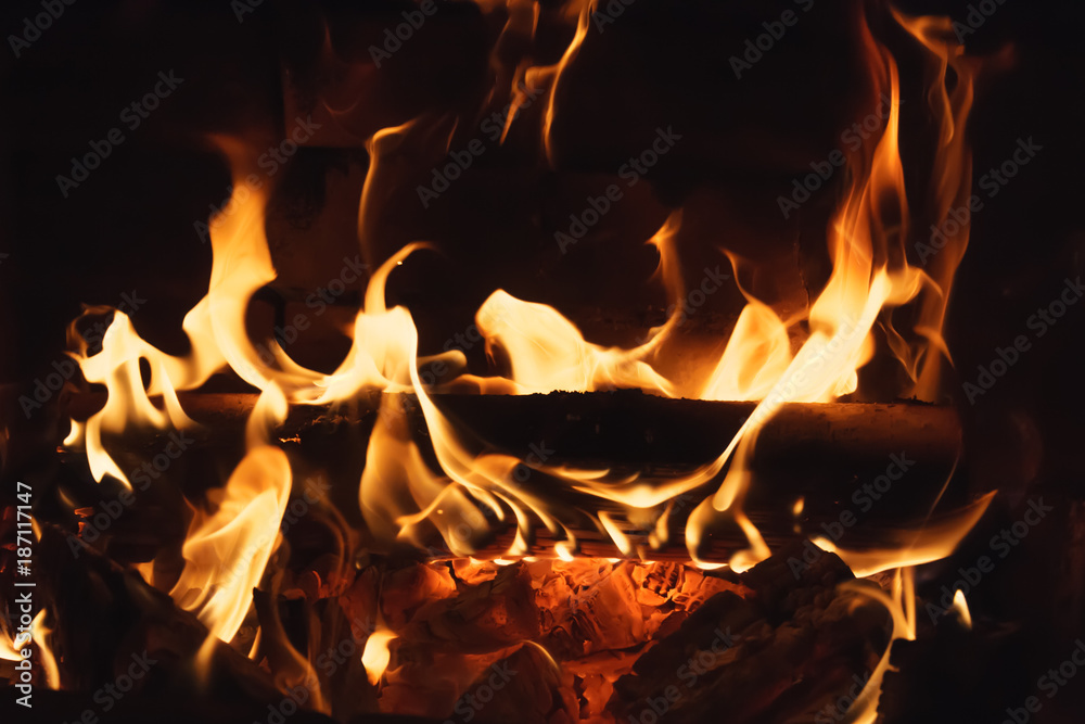 Closeup of firewood burning in the fireplace Closeup of firewood burning in the fireplace