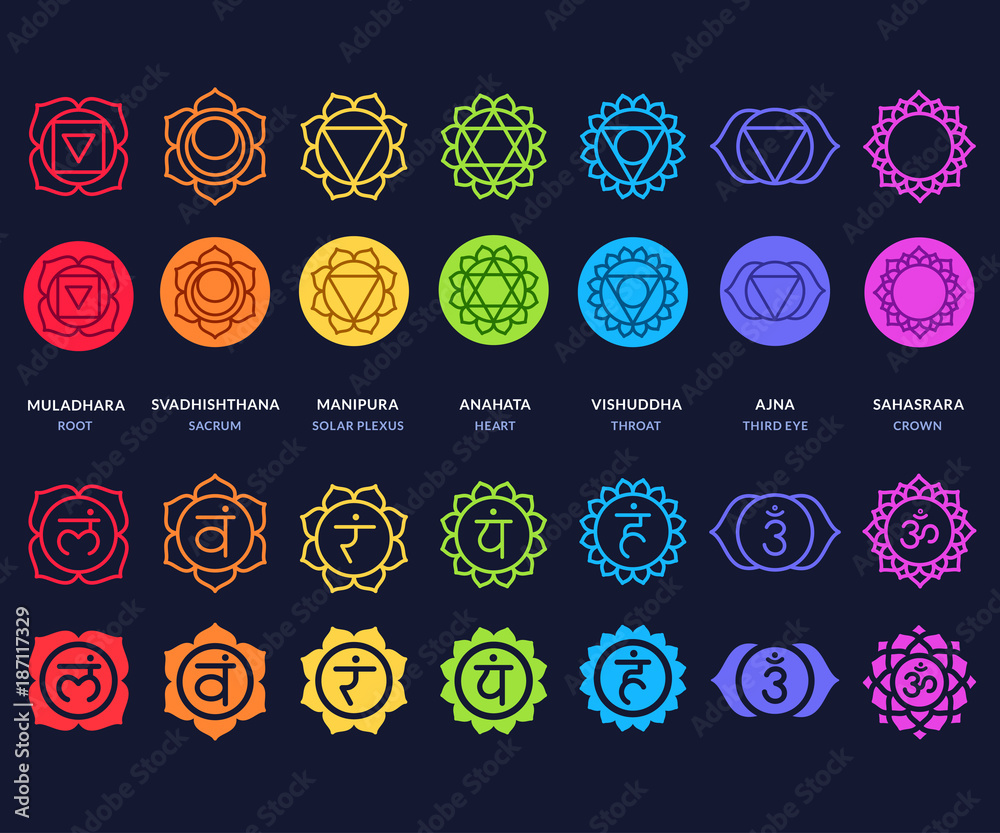Chakra symbols set on dark background Stock-Vektorgrafik | Adobe Stock