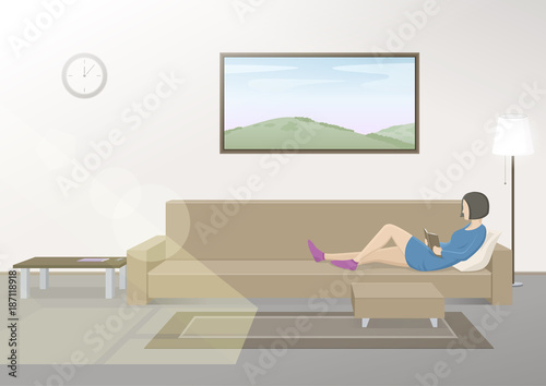 Young woman reading book on couch. Modern home interior. Vector illustration.