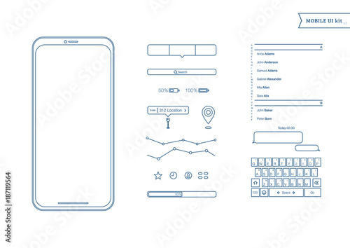Mobile Screens User Interface Kit. Simple design UI. Template for mobile smartphone and mobile website. Contacts, keyboard, map point, mobile phone icon. Vector illustration. 