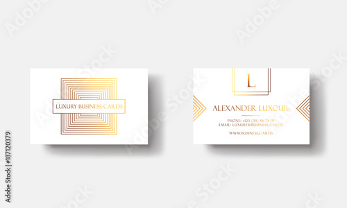 White Gold Luxury business cards for VIP event. Elegant Greeting Card with golden square geometric pattern. Banner or invitation with foil square logo. Branding or identity graphic design