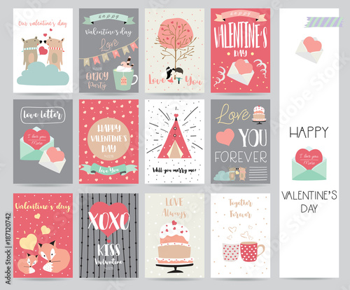 Valentine's day collection for banners,Placards with cake,letter,ribbon,bear,heart and fox