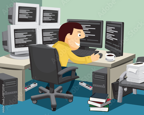 Programmer and developer of applications and software. Network manager. Simple cartoon vector illustration.