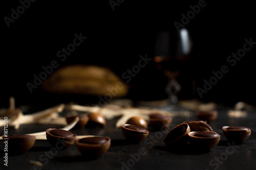 Wallpaper Mural glasses with wine, chocolate and fruit on a dark background Torontodigital.ca
