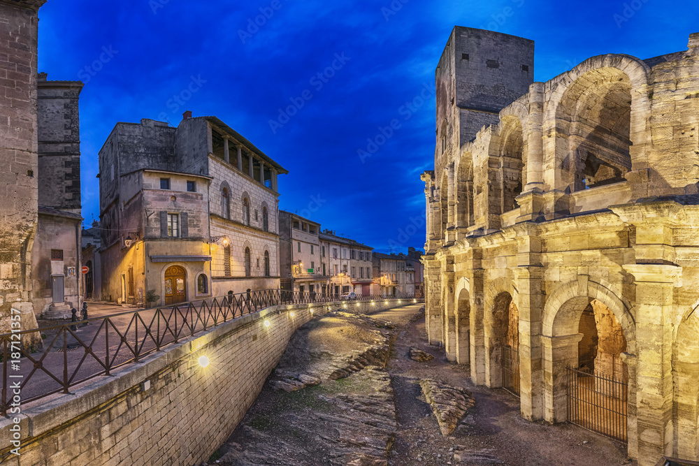 Roman amphitheatre at dusk in Arles, France (HDR-image)