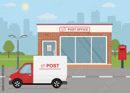 Post office building, delivery truck and mailbox on city background. Flat style, vector illustration. 
