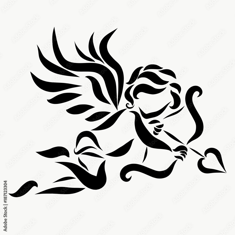 Flying little Cupid with a bow, arrow and heart Flying little Cupid with a bow, arrow and heart