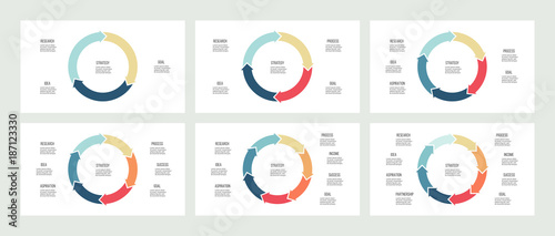 Business infographics. Pie charts with 3, 4, 5, 6, 7, 8 sections. Vector templates.