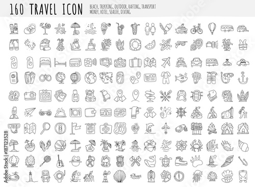 Travel hand draw icons. Icon lined cartoon collection about adventure, outdoor activities, beach, summer, travelling, get a vacation and extremal sport. Traveling icon set