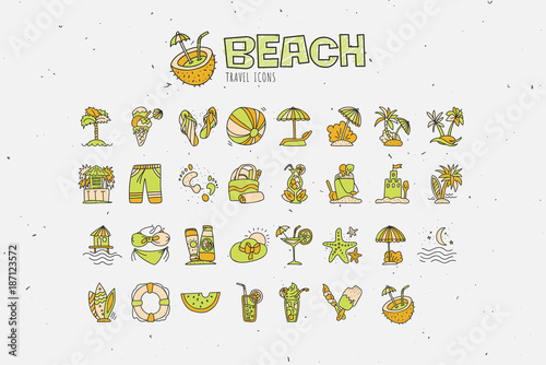 Summer tropical beach icon collection. Hand draw icons about travel to tropic beach and have vacation. Summer and beach attributes - coctails, coconut, sand and swimsuits, umbrellas