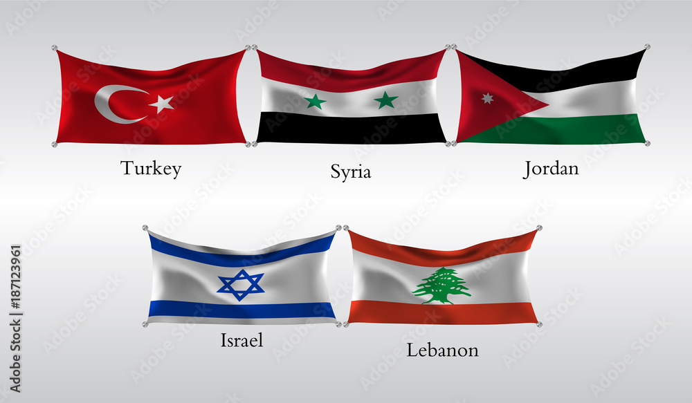 Set Flags of Countries in Asia. Waving flag of Turkey, Syria, Jordan, Izrael, Lebanon . Vector illustration