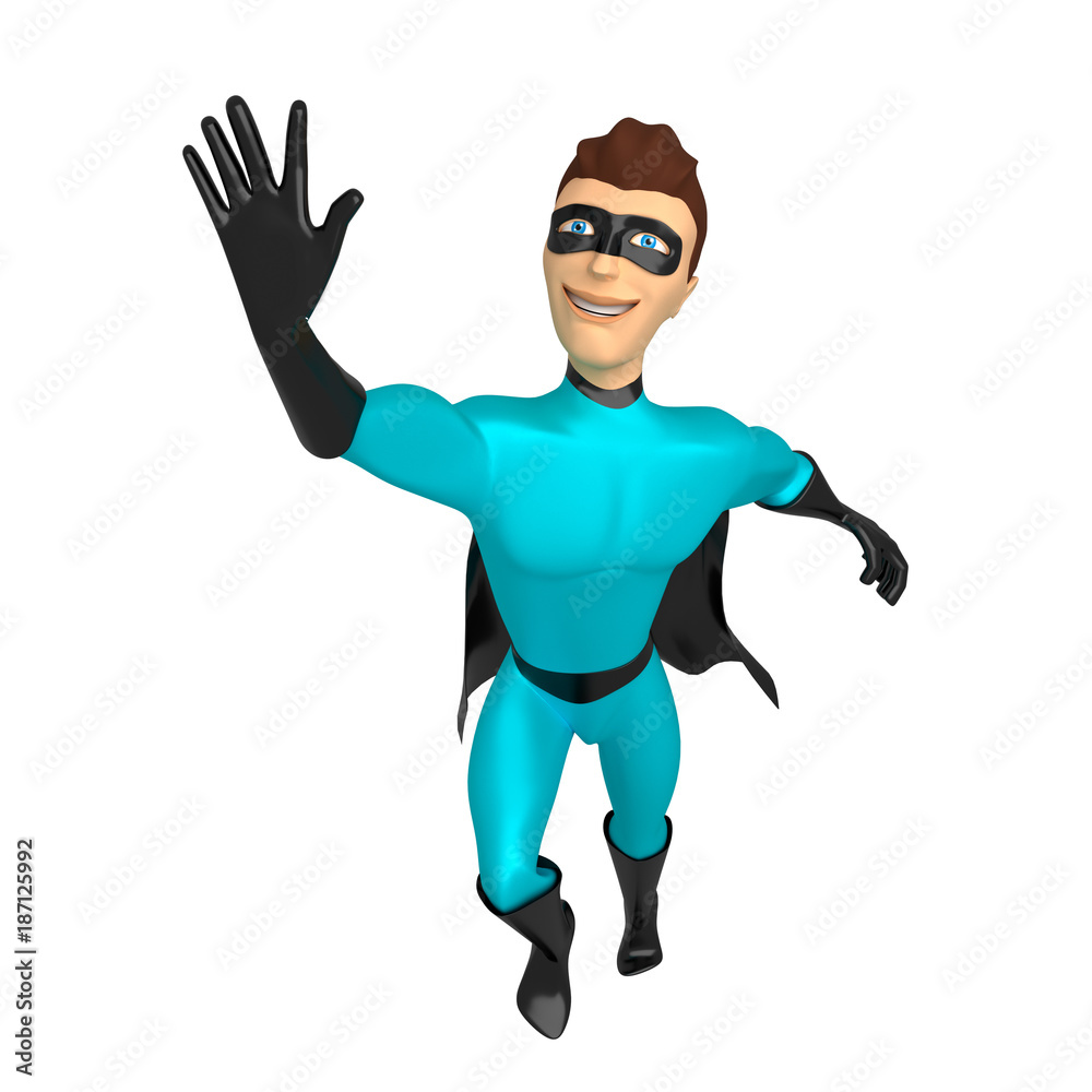 A young guy dressed as a superhero with his hand raised. 3d illustration