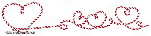 Herz Schleife aus rot-weiße Kordel Schnur Hintergrund Banner für Festtage und Geschenke Vektor Illustration isoliert auf weißem Hintergrund.