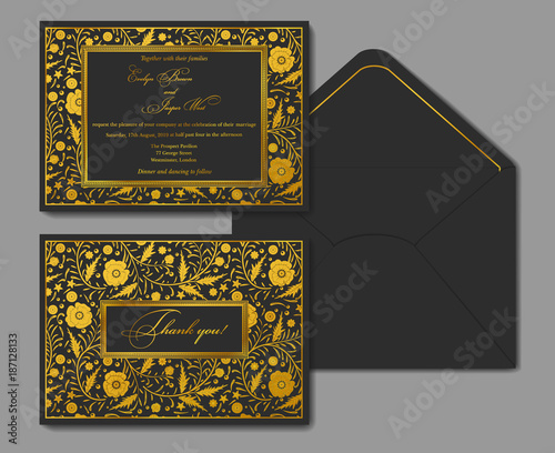 Wedding invite, envelope, rsvp, holiday card. Design with golden poppies on a black background in a classic style & golden frame. Vector