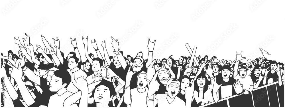 Illustration of large crowd of people cheering at concert with raised ...
