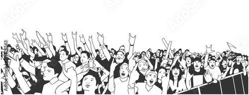 Illustration of large crowd of people cheering at concert with raised hands in black and white