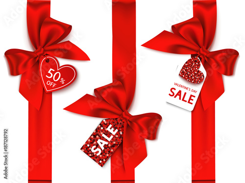 Decorative set of vertical ribbon with bow and sale  tag for Valentines day sale design. Vector holiday love label with heart