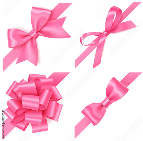 Vector set of pink bow with diagonaly ribbon on the corner for gift decor