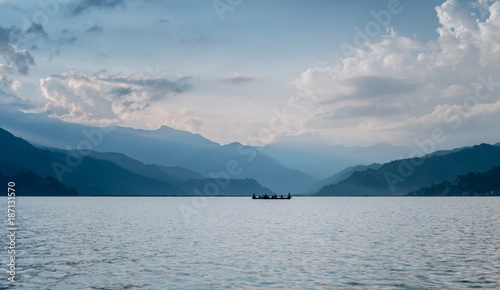 Lake in the Pokhara at sunset photo