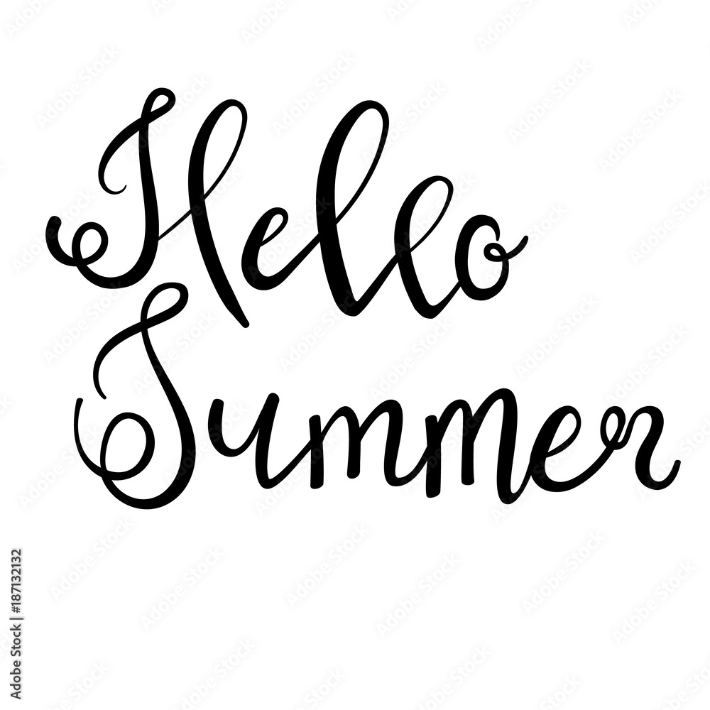 Hello summer lettering isolated on white hand written vector type. Calligraphy