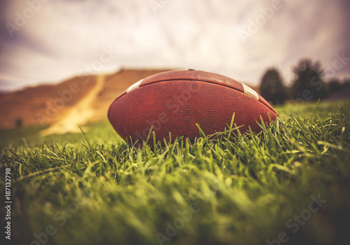 a brown american football lying on green grass in a field with a hill and trees in the background toned with a retro vintage instagram filter app or action effect