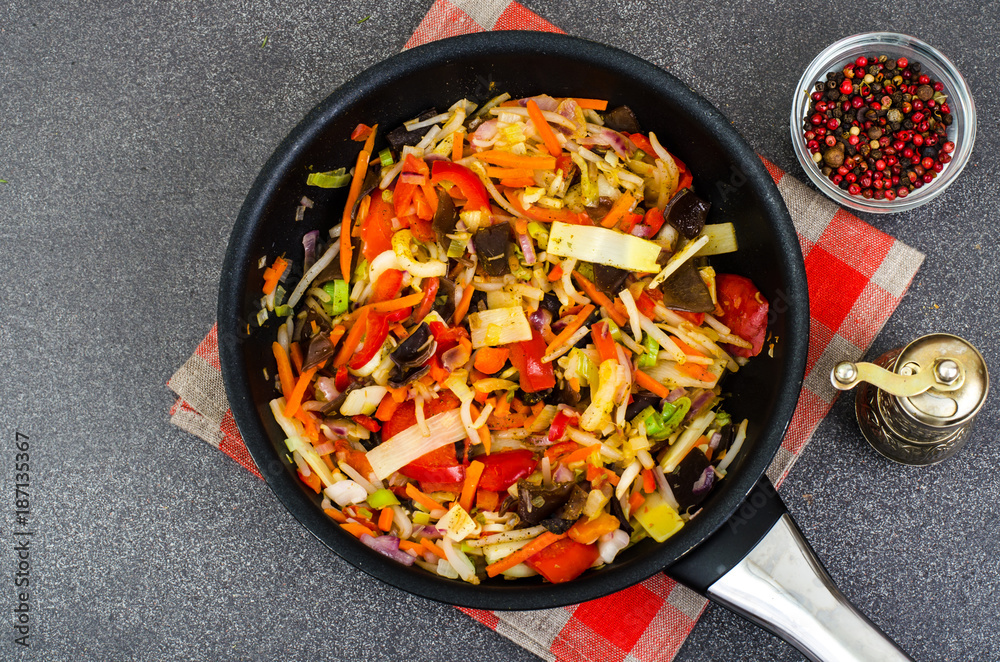 Vegetables with ginger in frying pan Vegetables with ginger in frying pan
