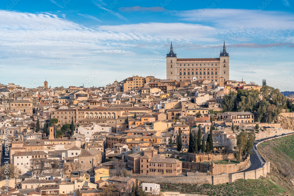 Toledo cityscape, Alcazar and the (Tajo) tagus river. UNESCO world heritage site.