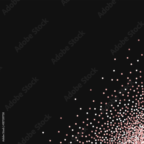 Pink gold glitter. Messy bottom right corner with pink gold glitter on black background. Fascinating Vector illustration.