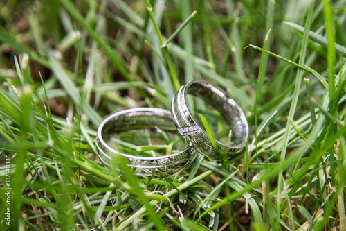 ring two wedding grass closeup gold silver meadow