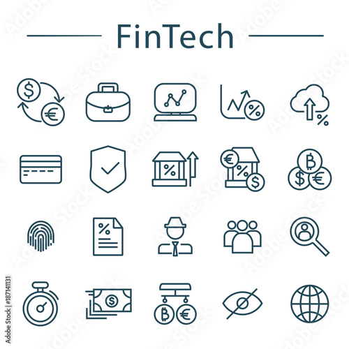 Fintech line icons set. Vector illustration. Currency exchange, crypto currency, broker, fingertip, timer, global, card, bank notes icons included.