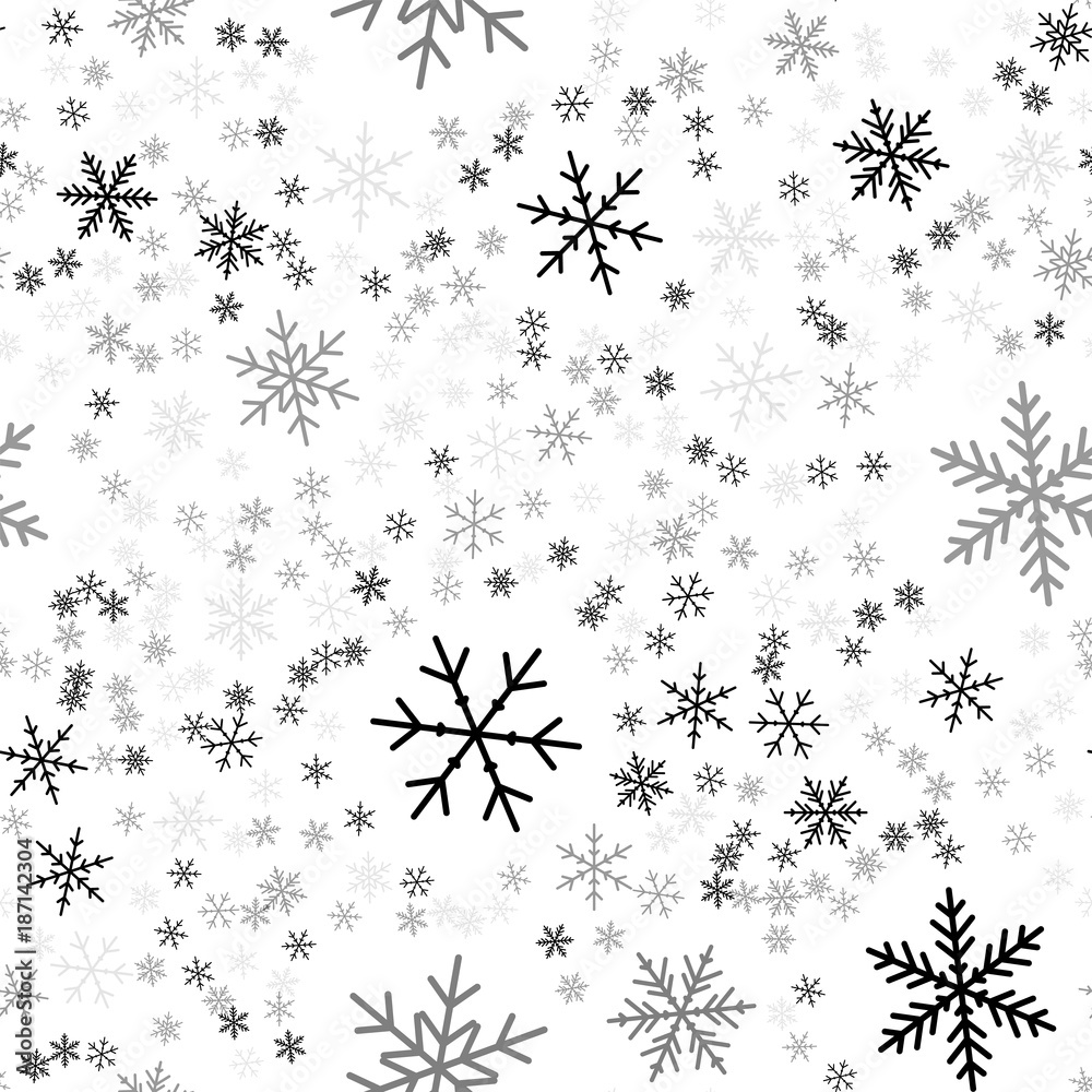 Black snowflakes seamless pattern on white Christmas background. Chaotic  scattered black snowflakes. Cute Christmas creative pattern. Vector  illustration. Stock Vector | Adobe Stock