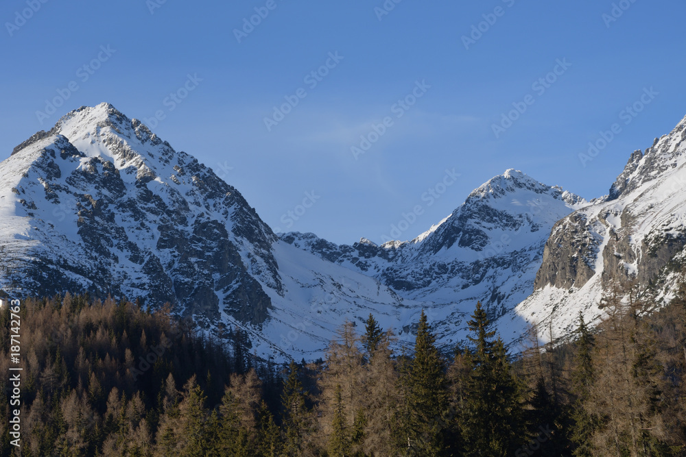  scenery of snow covered High Tatras mountains in the night in Slovakia