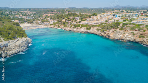 Drone aerial landscape of the beautiful bay of Cala Estany d'en Mas with a wonderful turquoise sea, Cala Romantica, Porto Cristo, Majorca, Spain © Matteo Ceruti