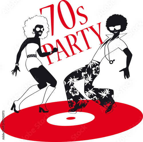 Young couple dressed in 1970s fashion dancing disco on a vinyl record, EPS 8 vector silhouette, no white objects