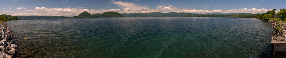 Fototapeta premium Panoramic views on beautiful clear mountain lakes of Shikotsu-Toya National Park, Hokkaido, Japan