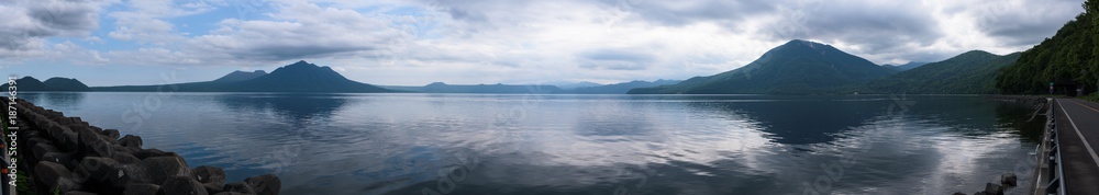Panoramic views on beautiful clear mountain lakes of Shikotsu-Toya National Park, Hokkaido, Japan