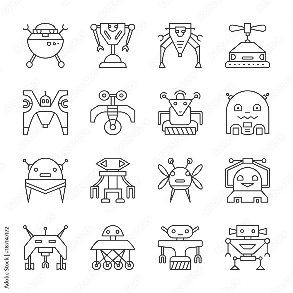 Robot Transformer line icon set editable stroke Robot Transformer line icon set editable stroke