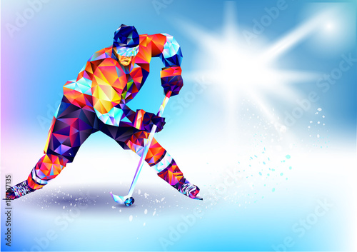 Vector illustration blue background in a geometric triangle of XXIII style Winter games. Olympic hockey on ice arena from triangle silhouette