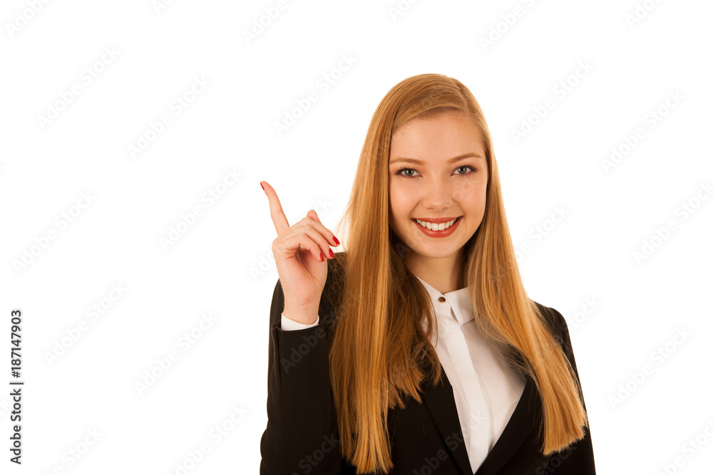 Business woman point in copy space isolated over white background - business presentation or advertisement Business woman point in copy space isolated over white background - business presentation or advertisement