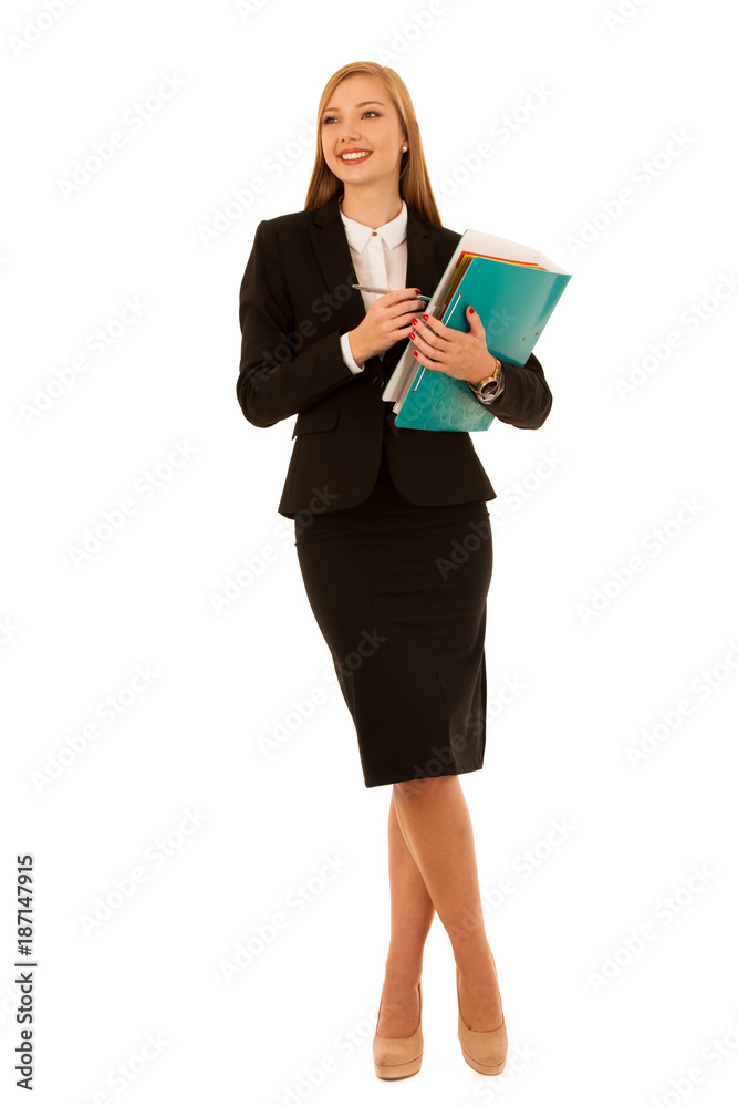 Full length portrait of business woman holding folder isolated over white background Full length portrait of business woman holding folder isolated over white background