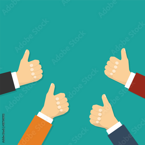 Hands show thumbs up. Vector background in flat design style
